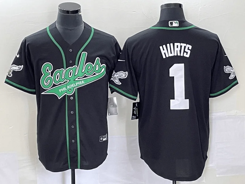 Baseball Jersey With Custom Colors-Men's Philadelphia Eagles #1 Jalen Hurts Black Cool Base Stitched Baseball Jersey