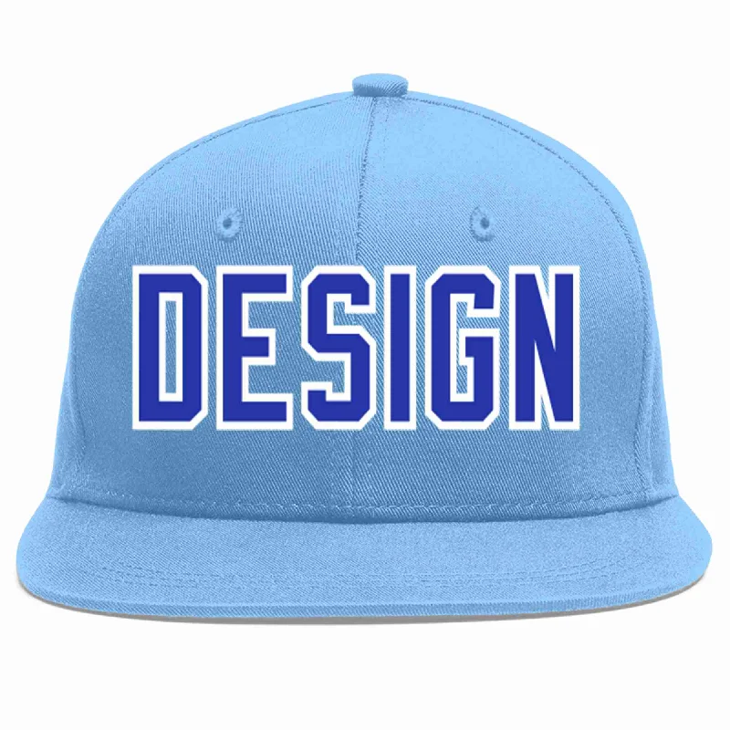 Baseball Cap For Custom Orders And Discounts-Custom Light Blue Royal-White Flat Eaves Sport Baseball Cap Design for Men/Women/Youth