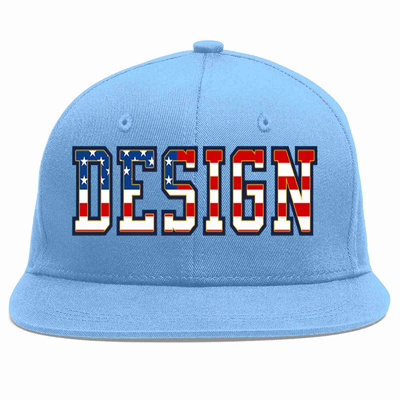 Baseball Cap For Special Promotions-Custom Light Blue Vintage USA Flag-Gold Flat Eaves Sport Baseball Cap Design for Men/Women/Youth