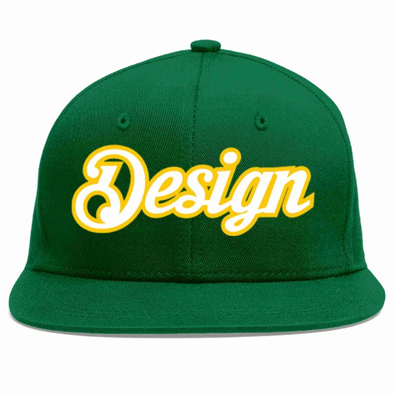 Baseball Cap For College Teams-Custom Green White-Gold Flat Eaves Sport Baseball Cap Design for Men/Women/Youth