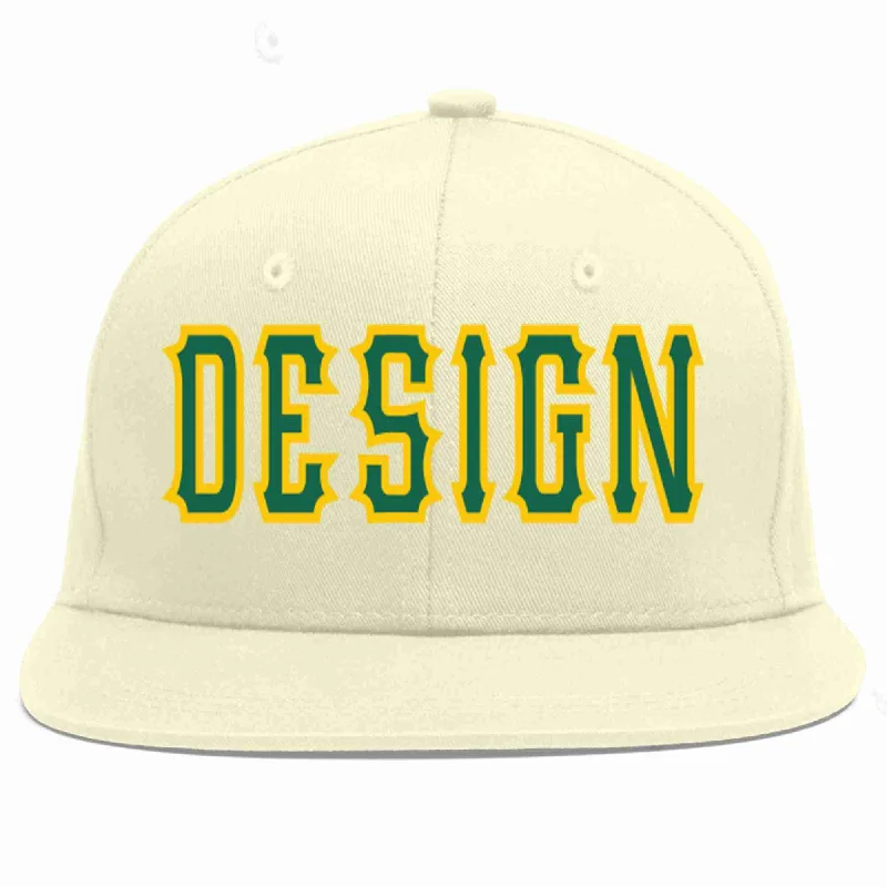 Baseball Cap For Family Events-Custom Cream Kelly Green-Gold Flat Eaves Sport Baseball Cap Design for Men/Women/Youth