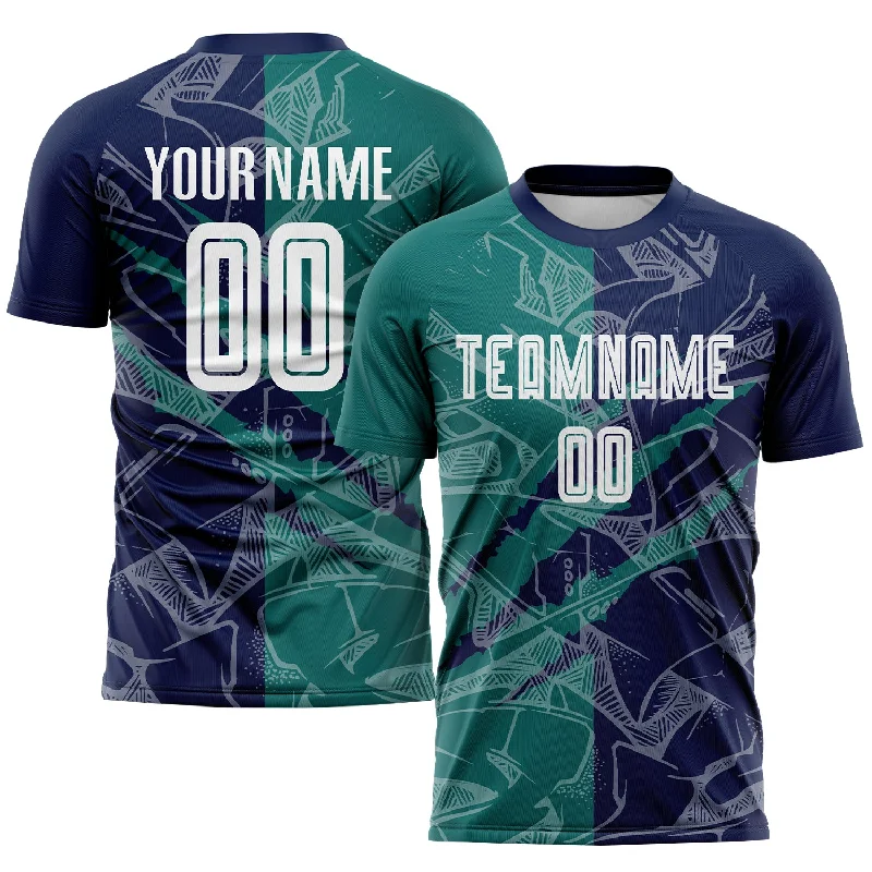 Football Jersey For Limited-Time Fan Products-Custom Graffiti Pattern Teal-Navy Scratch Sublimation Soccer Uniform Jersey