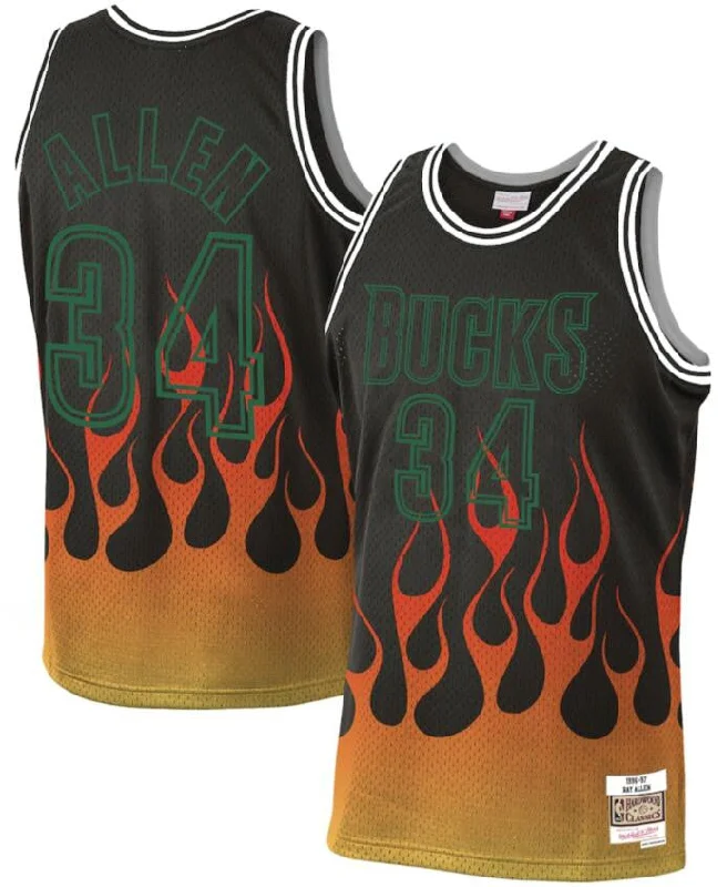 Basketball Jersey For Custom Player Numbers-Bucks 34 Ray Allen Black 1996-97 Hardwood Classics Flames Swingman Basketball Jersey