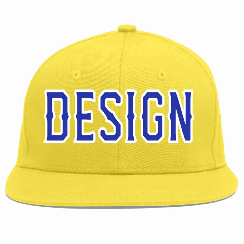 Baseball Cap For Personalized Designs-Custom Light Gold Royal-White Flat Eaves Sport Baseball Cap Design for Men/Women/Youth