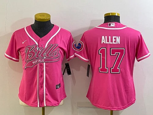 Baseball Jersey For Personalized Team Wear-Women's Buffalo Bills #17 Josh Allen Pink With Patch Cool Base Stitched Baseball Jersey(Run Small)