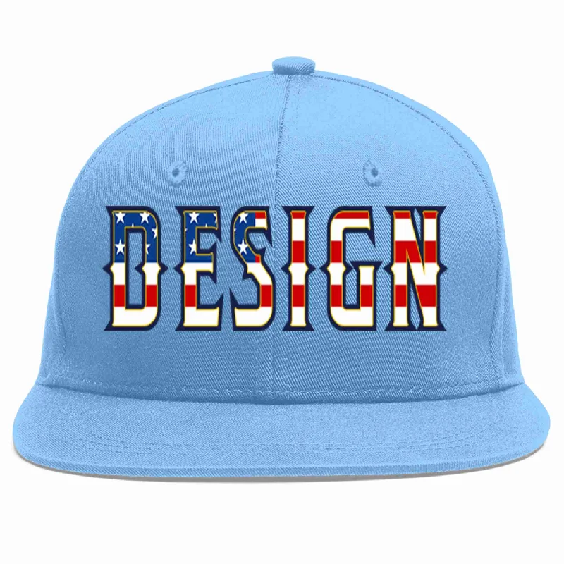 Baseball Cap For Event Apparel-Custom Light Blue Vintage USA Flag-Gold Flat Eaves Sport Baseball Cap Design for Men/Women/Youth