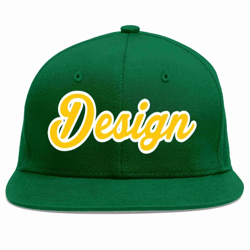 Baseball Cap For Unique Customization-Custom Green Gold-White Flat Eaves Sport Baseball Cap Design for Men/Women/Youth