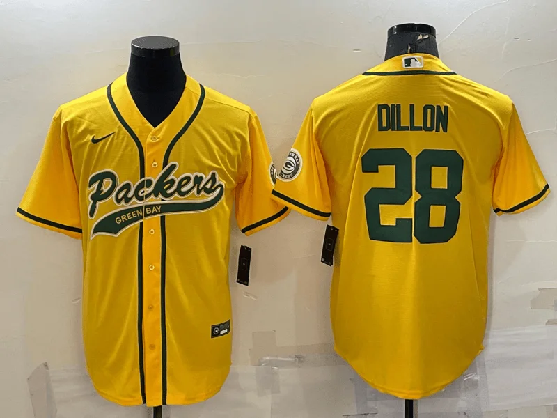 Baseball Jersey For Fan Event Customization-Men's Green Bay Packers #28 AJ Dillon Yellow With Patch Cool Base Stitched Baseball Jersey