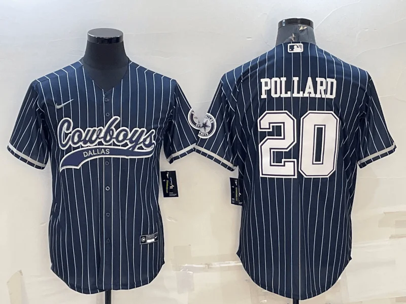 Baseball Jersey For Tournament Teams-Men's Dallas Cowboys #20 Tony Pollard Navy Blue Pinstripe With Patch Cool Base Stitched Baseball Jersey