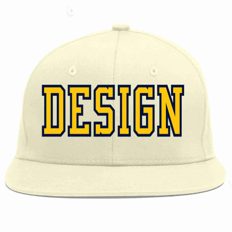 Baseball Cap For Softball And Baseball Teams-Custom Cream Gold-Navy Flat Eaves Sport Baseball Cap Design for Men/Women/Youth