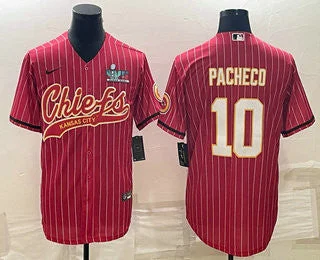 Baseball Jersey With Comfortable Fit-Men's Kansas City Chiefs #10 Isiah Pacheco Red Pinstripe With Super Bowl LVII Patch Cool Base Stitched Baseball Jersey