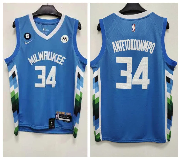 Basketball Jersey For Game Day-Bucks 34 Giannis Antetokounmpo Blue 2023 City Edition Swingman Basketball Jersey