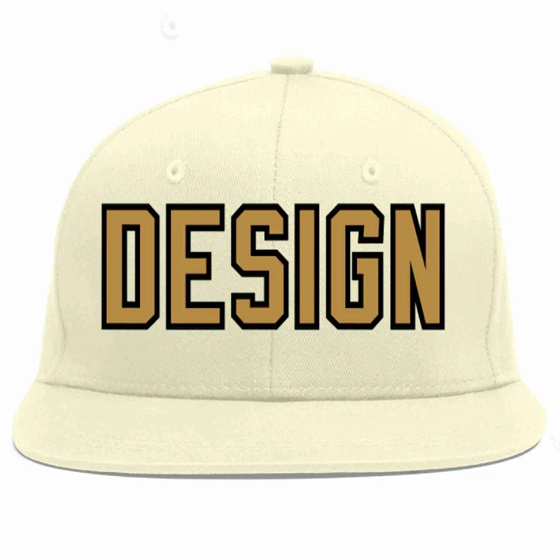 Baseball Cap For Official League Merchandise-Custom Cream Old Gold-Black Flat Eaves Sport Baseball Cap Design for Men/Women/Youth