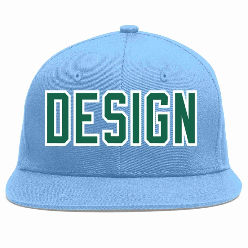 Baseball Cap For Large Groups-Custom Light Blue Kelly Green-White Flat Eaves Sport Baseball Cap Design for Men/Women/Youth