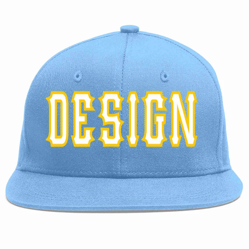 Baseball Cap For Team Merchandise-Custom Light Blue White-Gold Flat Eaves Sport Baseball Cap Design for Men/Women/Youth