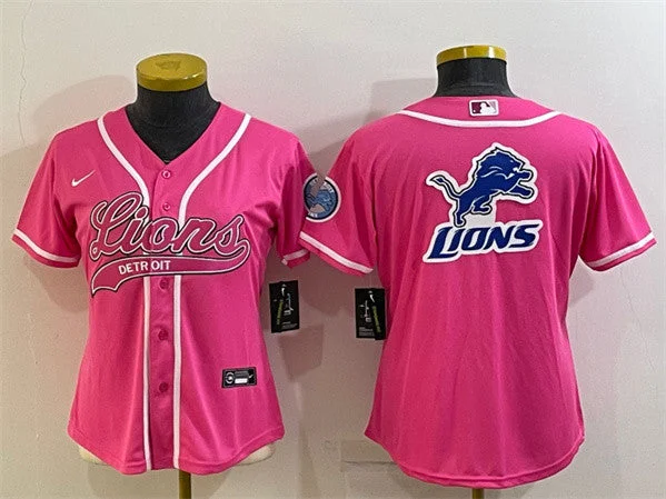 Baseball Jersey For Limited-Time Fan Products-Women's Detroit Lions Pink Team Big Logo With Patch Cool Base Stitched Baseball Jersey(Run Small)