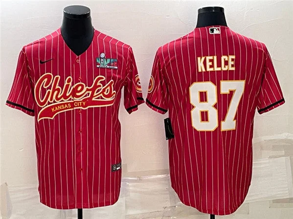 Baseball Jersey For Youth Sports Gear-Men's Kansas City Chiefs #87 Travis Kelce Red With Super Bowl LVII Patch Cool Base Stitched Baseball Jersey