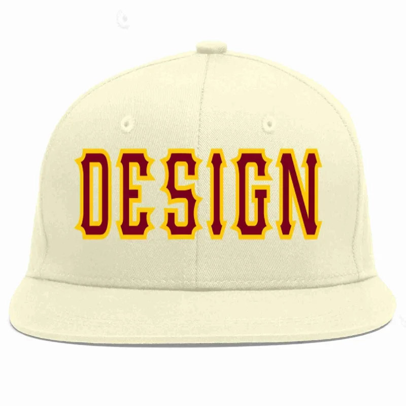 Baseball Cap For Team Apparel-Custom Cream Crimson-Gold Flat Eaves Sport Baseball Cap Design for Men/Women/Youth