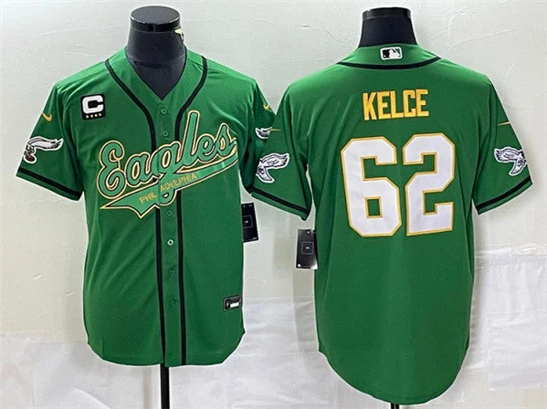 Baseball Jersey For Supporter Event Gear-Men's Philadelphia Eagles #62 Jason Kelce Green Gold With C Patch Cool Base Stitched Baseball Jersey