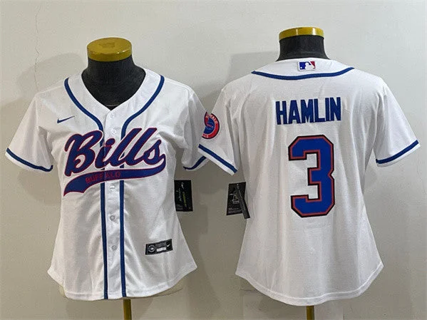 Baseball Jersey For Baseball Fans Merchandise-Women's Buffalo Bills #3 Damar Hamlin White With Patch Cool Base Stitched Baseball Jersey(Run Small)