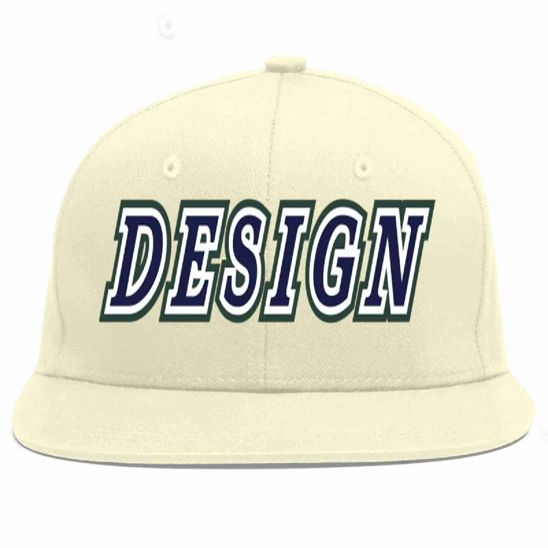 Baseball Cap With Team Spirit Designs-Custom Cream Navy-White Flat Eaves Sport Baseball Cap Design for Men/Women/Youth