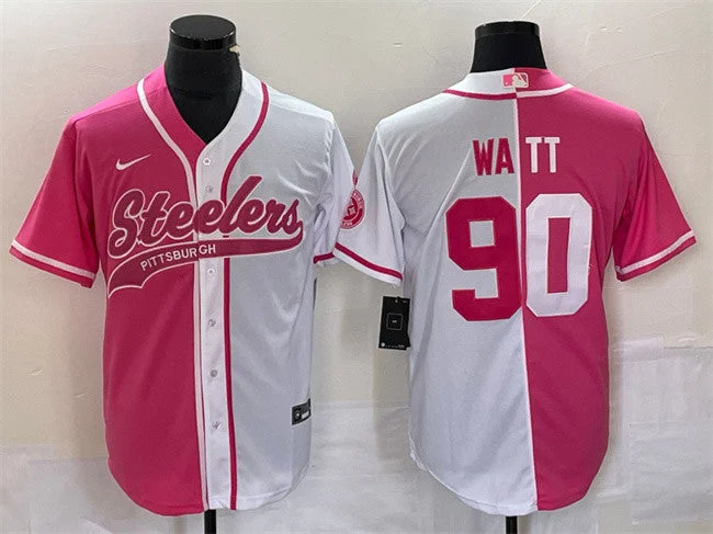 Baseball Jersey For Fan Event Customization-Men's Pittsburgh Steelers #90 T.J. Watt White Pink Split Cool Base Stitched Baseball Jersey