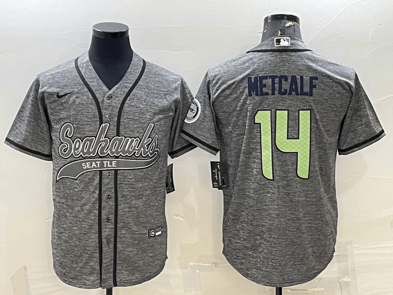 Baseball Jersey For Official Team Gear-Men's Seattle Seahawks #14 DK Metcalf Grey Gridiron With Patch Cool Base Stitched Baseball Jersey