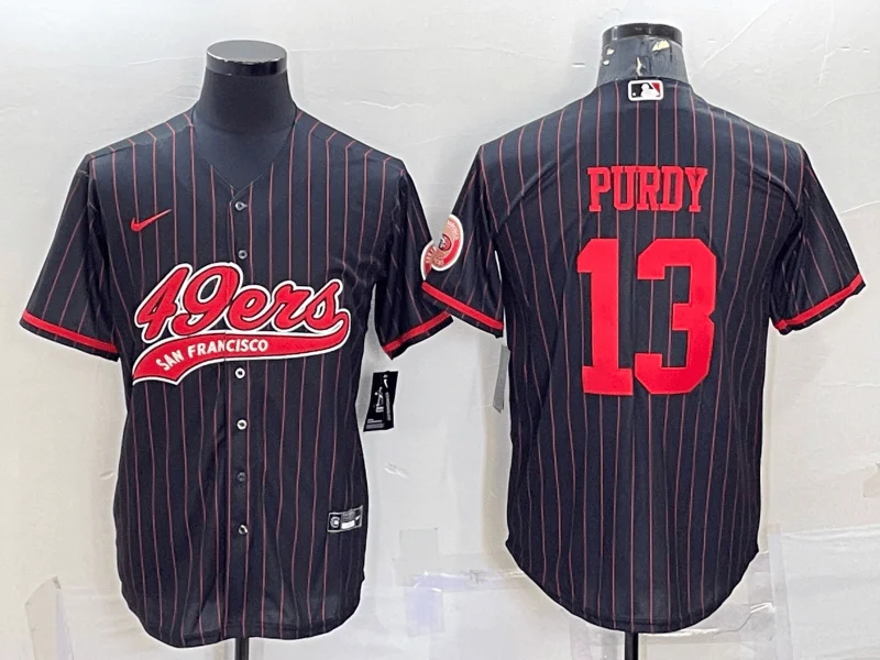 Baseball Jersey For Official Merchandise-Men's San Francisco 49ers #13 Brock Purdy Black Pinstripe With Patch Cool Base Stitched Baseball Jersey