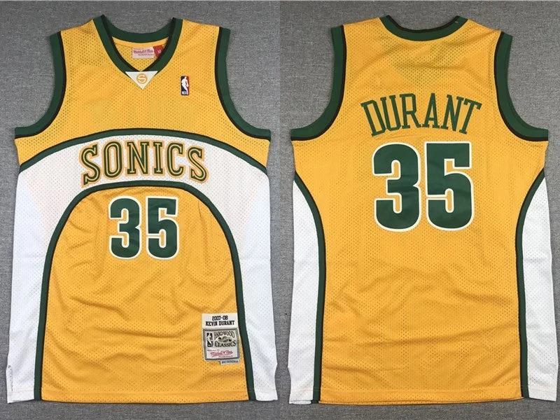 Basketball Jersey For Personalized School Spirit Gear-SuperSonics 35 Kevin Durant Yellow 2007-08 Hardwood Classics Basketball Jersey