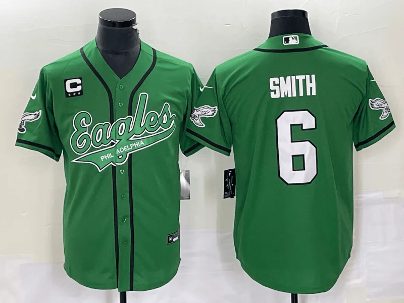 Baseball Jersey For Player Merchandise-Men's Philadelphia Eagles #6 DeVonta Smith Green C Patch Cool Base Stitched Baseball Jersey