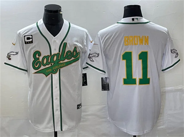 Baseball Jersey For Major League Supporters-Men's Philadelphia Eagles #11 A. J. Brown White Gold With C Patch Cool Base Baseball Stitched Jersey