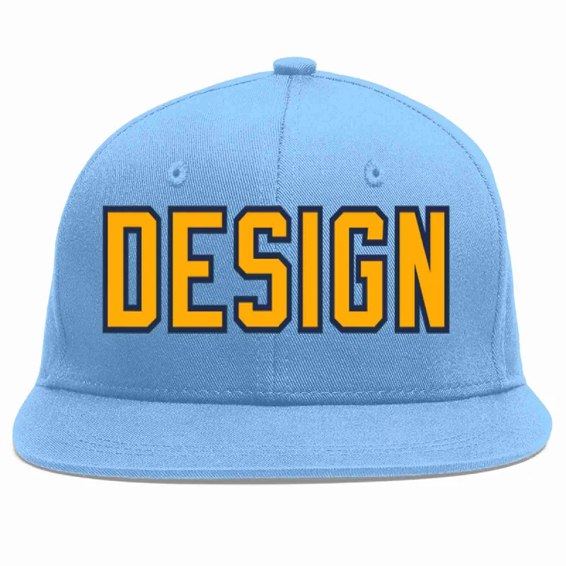 Baseball Cap For Supporters And Fans-Custom Light Blue Yellow-Navy Flat Eaves Sport Baseball Cap Design for Men/Women/Youth