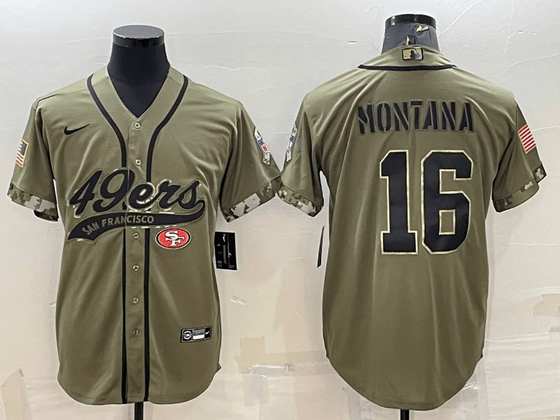 Baseball Jersey With Custom Player Names-Men's San Francisco 49ers #16 Joe Montana 2022 Olive Salute to Service Cool Base Stitched Baseball Jersey