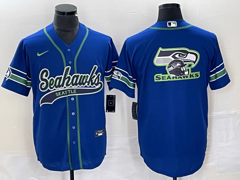 Baseball Jersey For Fan Apparel With Logos-Men's Seattle Seahawks Big Logo Blue With Patch Cool Base Stitched Baseball Jersey