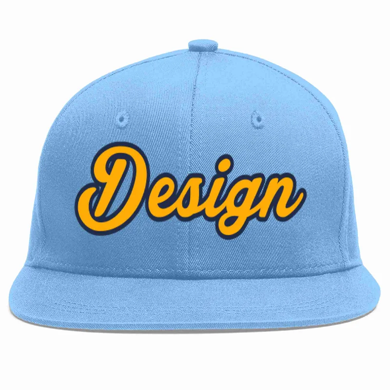 Baseball Cap For Team Merchandise-Custom Light Blue Yellow-Navy Flat Eaves Sport Baseball Cap Design for Men/Women/Youth