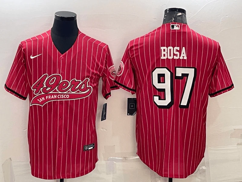 Baseball Jersey For Special Editions-Men's San Francisco 49ers #97 Nick Bosa Red Pinstripe Color Rush With Patch Cool Base Stitched Baseball Jersey