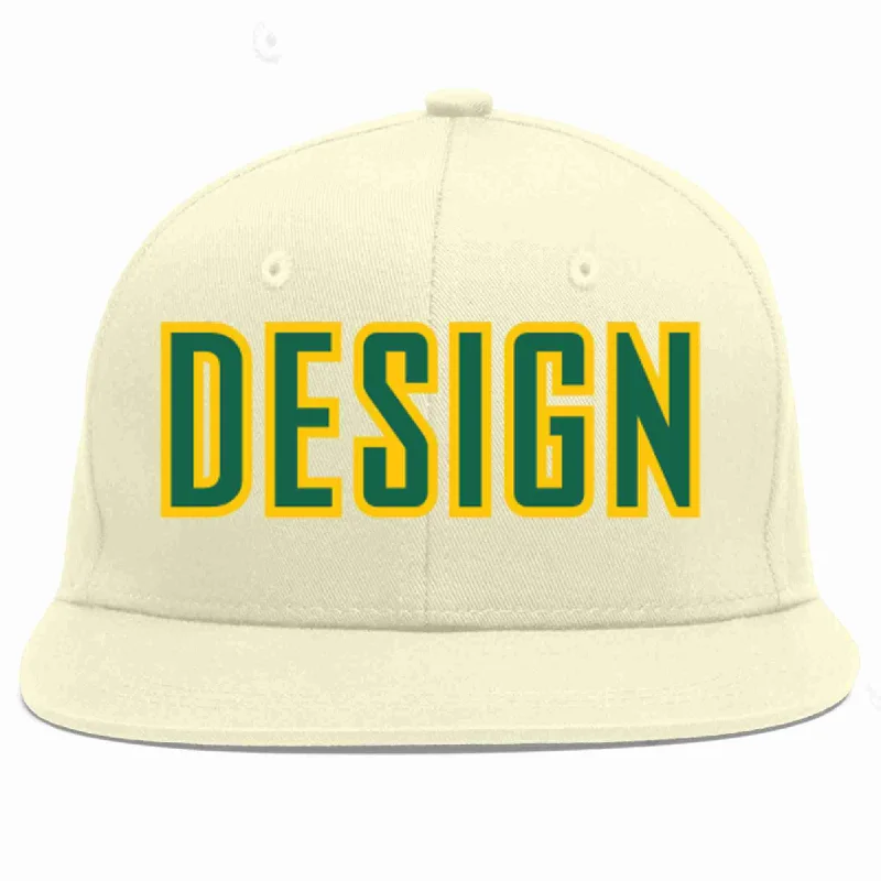 Baseball Cap For Custom Logos And Numbers-Custom Cream Kelly Green-Gold Flat Eaves Sport Baseball Cap Design for Men/Women/Youth