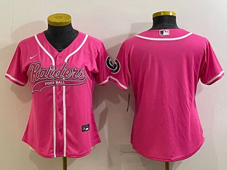 Baseball Jersey For Fan Apparel With Logos-Women's Las Vegas Raiders Blank Pink With Patch Cool Base Stitched Baseball Jersey(Run Small)