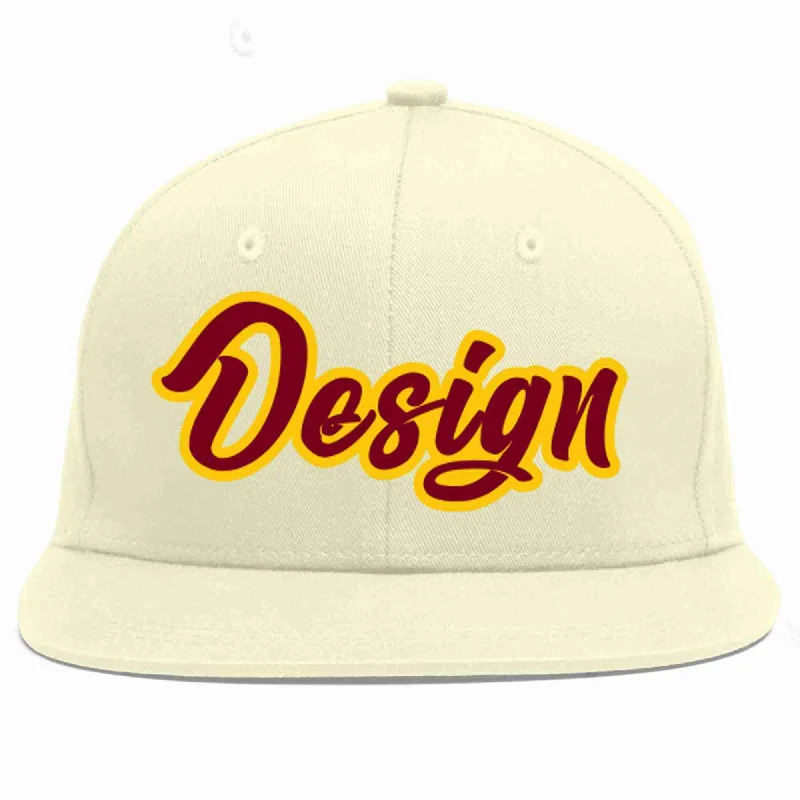 Baseball Cap With Team Colors-Custom Cream Crimson-Gold Flat Eaves Sport Baseball Cap Design for Men/Women/Youth