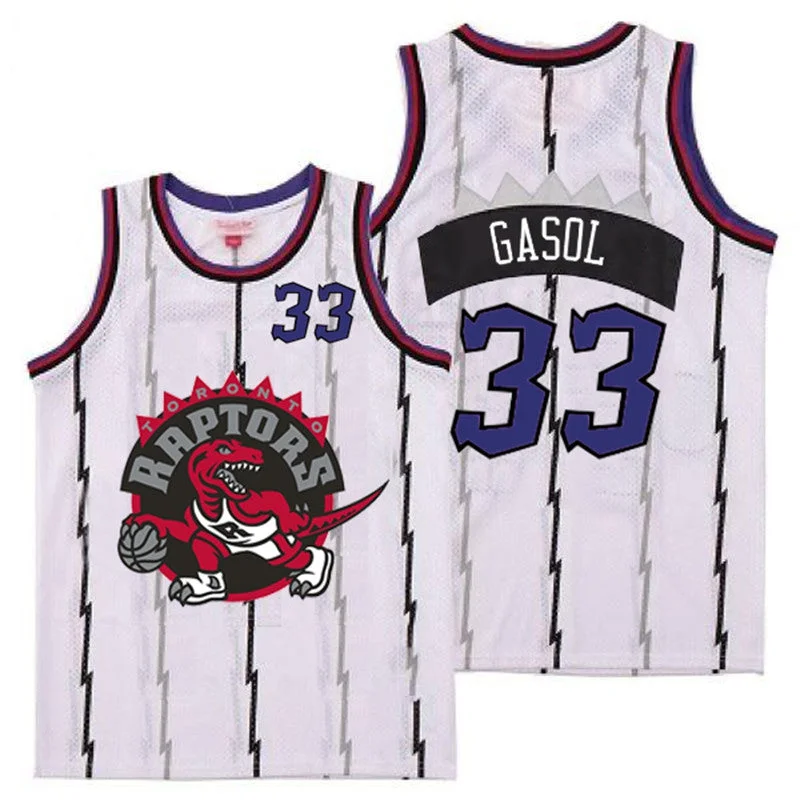 Basketball Jersey With Custom Player Names-Raptors 33 Marc Gasol White Big Gray Red Logo Retro Basketball Jersey