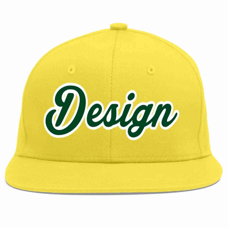 Baseball Cap For Sports Fans-Custom Light Gold Green-White Flat Eaves Sport Baseball Cap Design for Men/Women/Youth