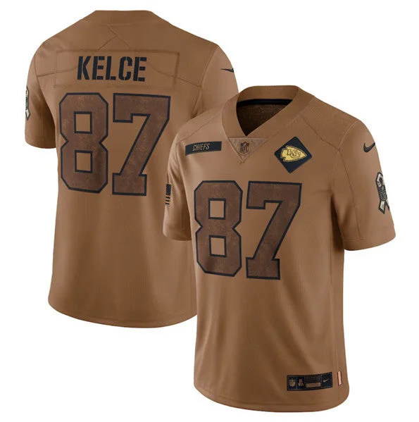 Football Jersey With Player And Team Logos-Men’s Kansas City Chiefs #87 Travis Kelce 2023 Brown Salute To Service Limited Football Stitched Jersey