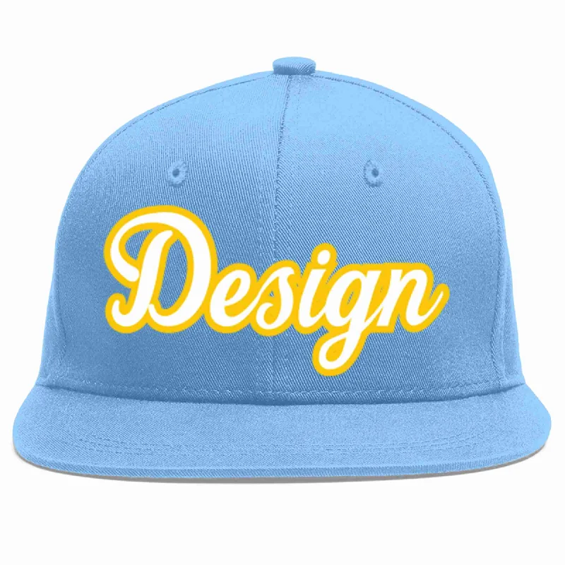 Baseball Cap For Fans-Custom Light Blue White-Gold Flat Eaves Sport Baseball Cap Design for Men/Women/Youth