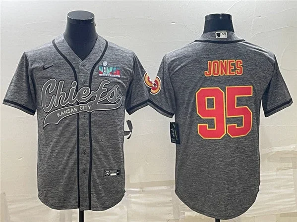 Baseball Jersey For Fan Custom Numbering-Men's Kansas City Chiefs #95 Chris Jones Gray With Super Bowl LVII Patch Cool Base Stitched Baseball Jersey