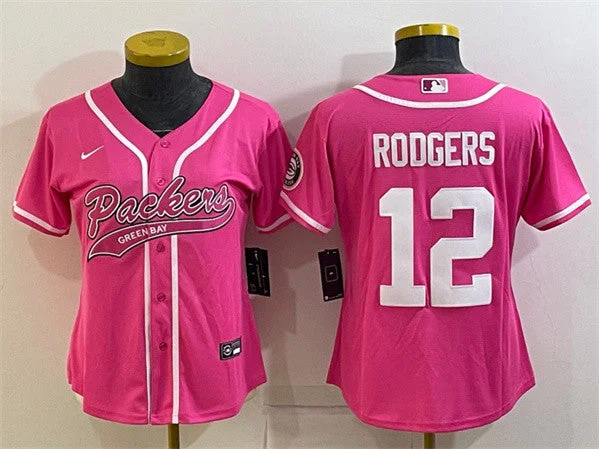 Baseball Jersey For Custom Apparel Printing-Women's Green Bay Packers #12 Aaron Rodgers Pink With Patch Cool Base Stitched Baseball Jersey(Run Small)