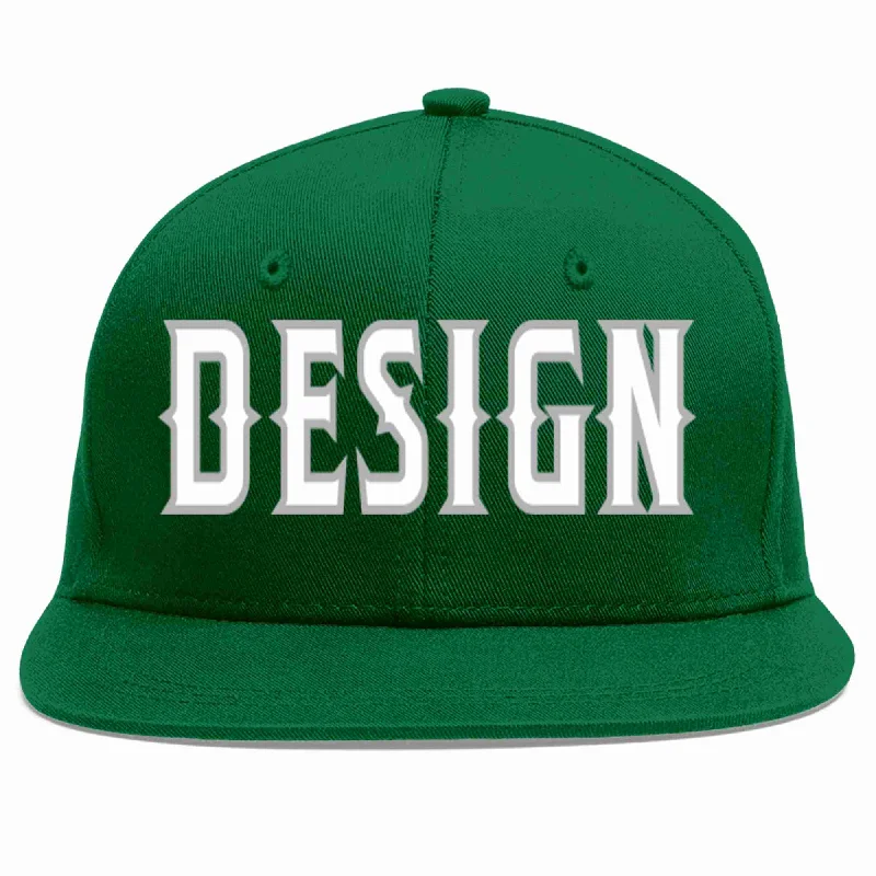 Baseball Cap For Fan Support Gear-Custom Green White-Gray Flat Eaves Sport Baseball Cap Design for Men/Women/Youth