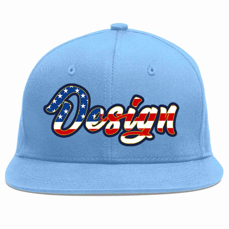 Baseball Cap For Tournament-Custom Light Blue Vintage USA Flag-Gold Flat Eaves Sport Baseball Cap Design for Men/Women/Youth