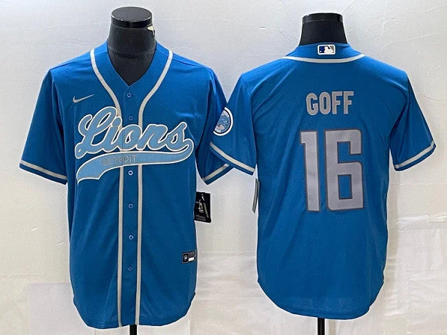 Baseball Jersey For Custom Team Wear-Men's Detroit Lions #16 Jared Goff Blue Cool Base Stitched Baseball Jersey