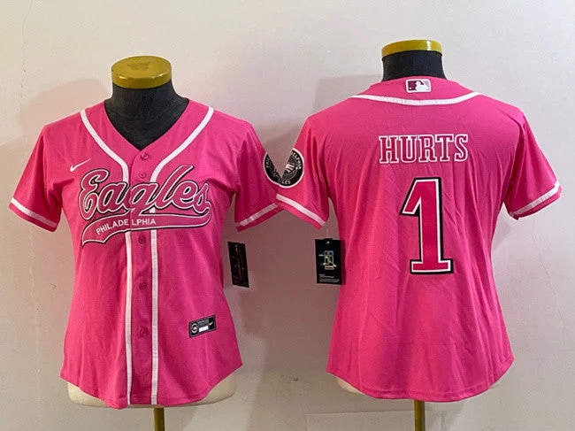 Baseball Jersey For School Tournament Teams-Women's Philadelphia Eagles #1 Jalen Hurts Pink Cool Base Stitched Baseball Jersey(Run Small)