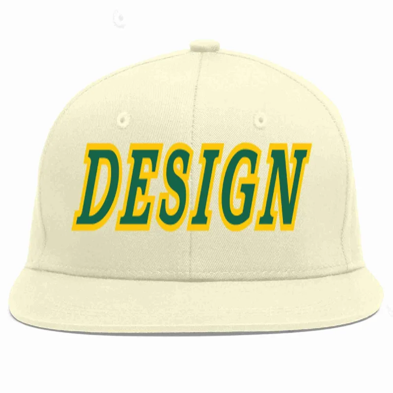 Baseball Cap With Personalized Embroidered Graphics-Custom Cream Kelly Green-Gold Flat Eaves Sport Baseball Cap Design for Men/Women/Youth